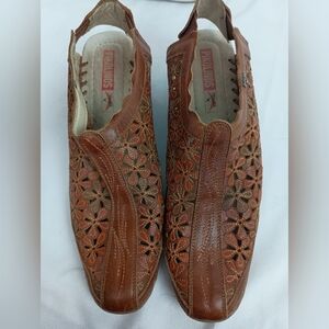 PIKOLINOS Romana Shoes Brown Leather‎ Floral Heels Ankle Booties Vintage-(#120)